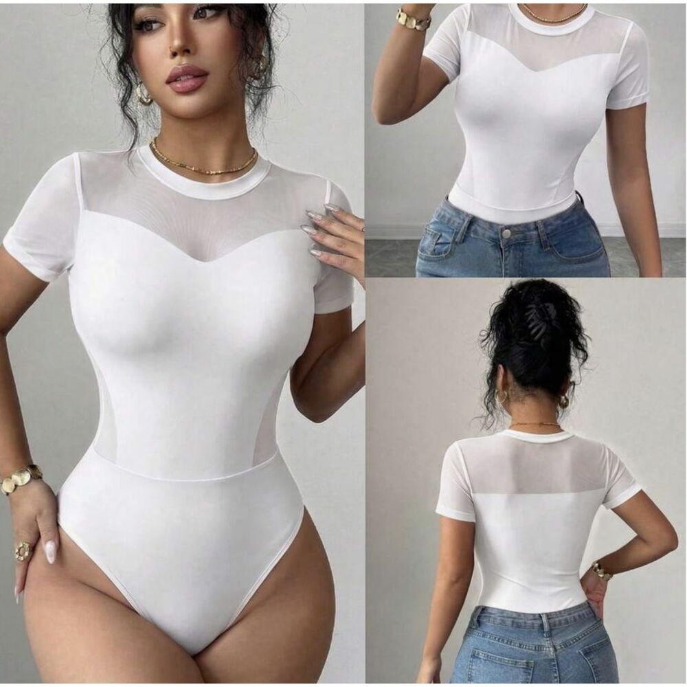 Women’s Elegant White Mesh Patchwork Fitted Bodysuit – Size M